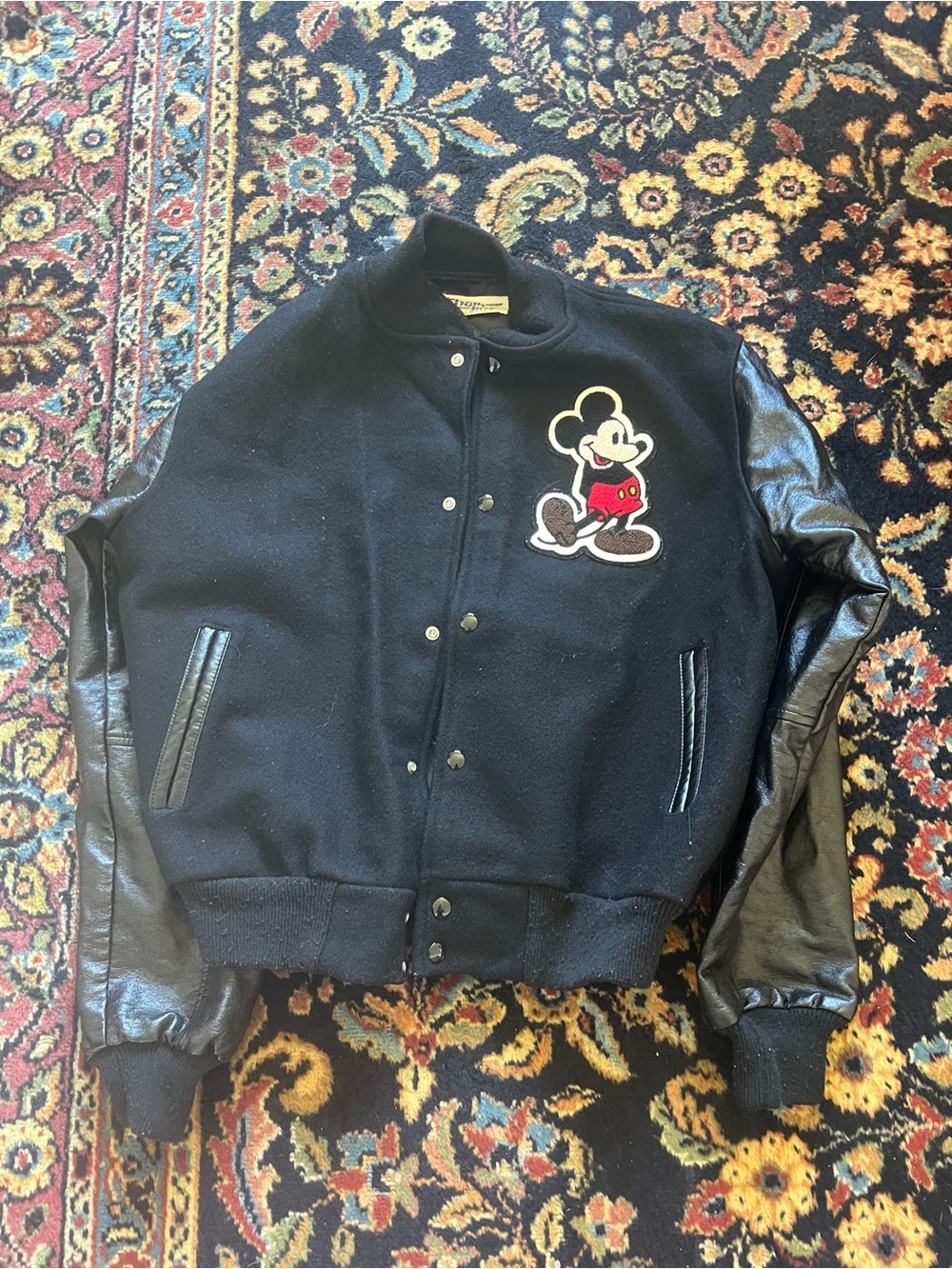 Men's Black Varsity Jacket with Mickey Patch chalk line medium
